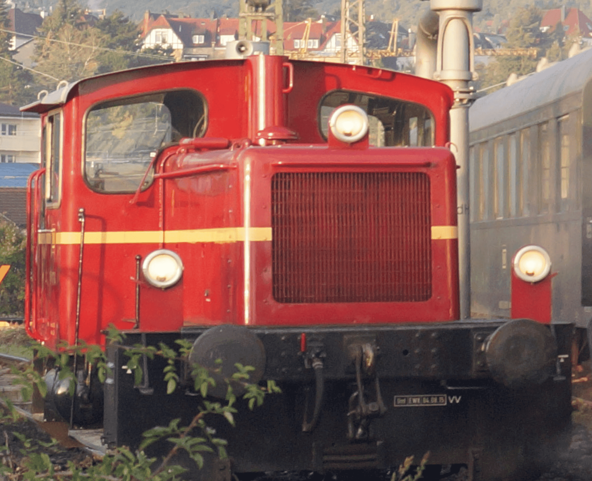 Rote Dampflook, im Hintergrund eine Stadt